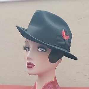 Chic Black Fedora with Red Feather Detail